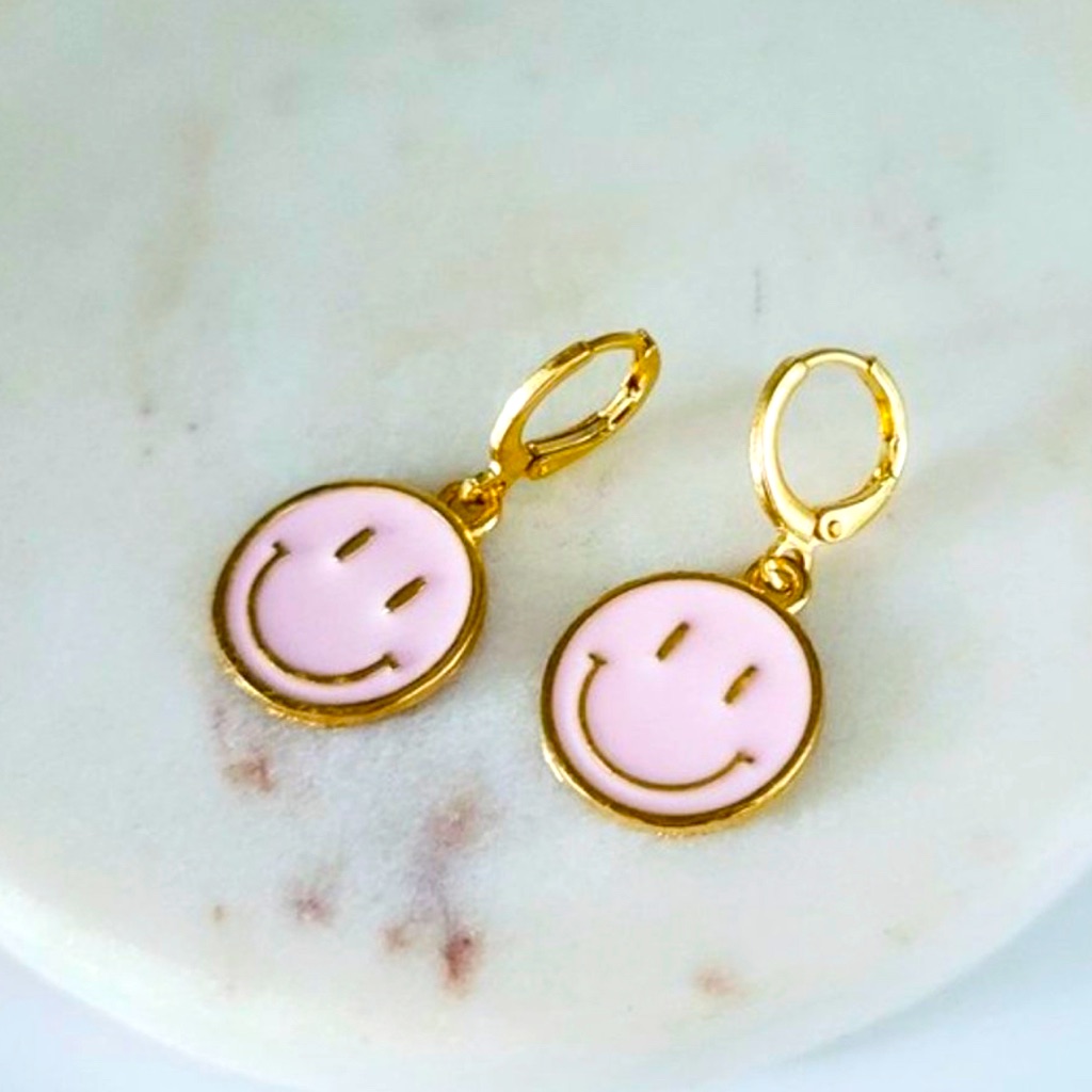 Pink Round Smiley Face Earrings